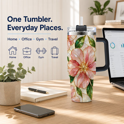 #pl[40oz|Black] Floral 40oz Tumbler with Handle, Stained Glass Style Botanical Cup