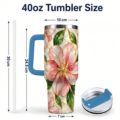 #pl[40oz|Blue] Floral 40oz Tumbler with Handle, Stained Glass Style Botanical Cup