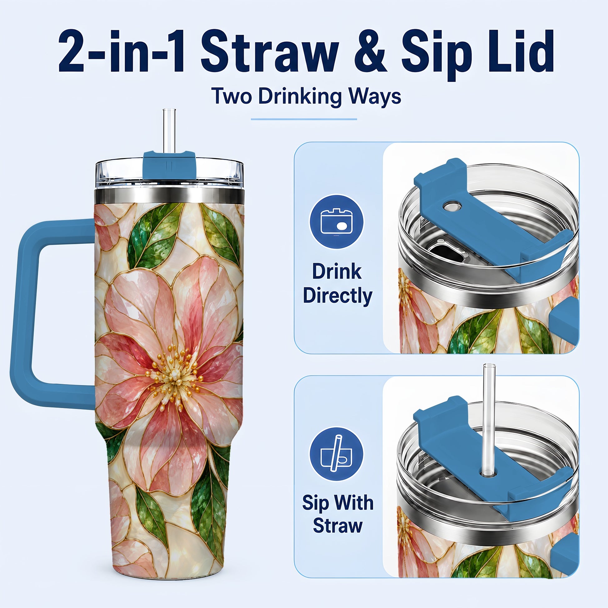 #pl[40oz|Blue] Floral 40oz Tumbler with Handle, Stained Glass Style Botanical Cup