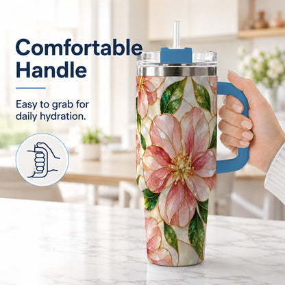 #pl[40oz|Blue] Floral 40oz Tumbler with Handle, Stained Glass Style Botanical Cup