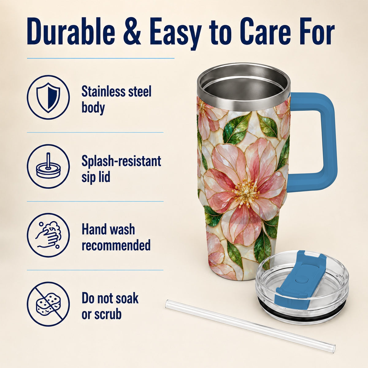 #pl[40oz|Blue] Floral 40oz Tumbler with Handle, Stained Glass Style Botanical Cup