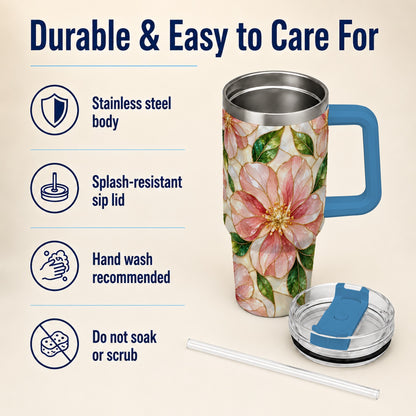 #pl[40oz|Blue] Floral 40oz Tumbler with Handle, Stained Glass Style Botanical Cup