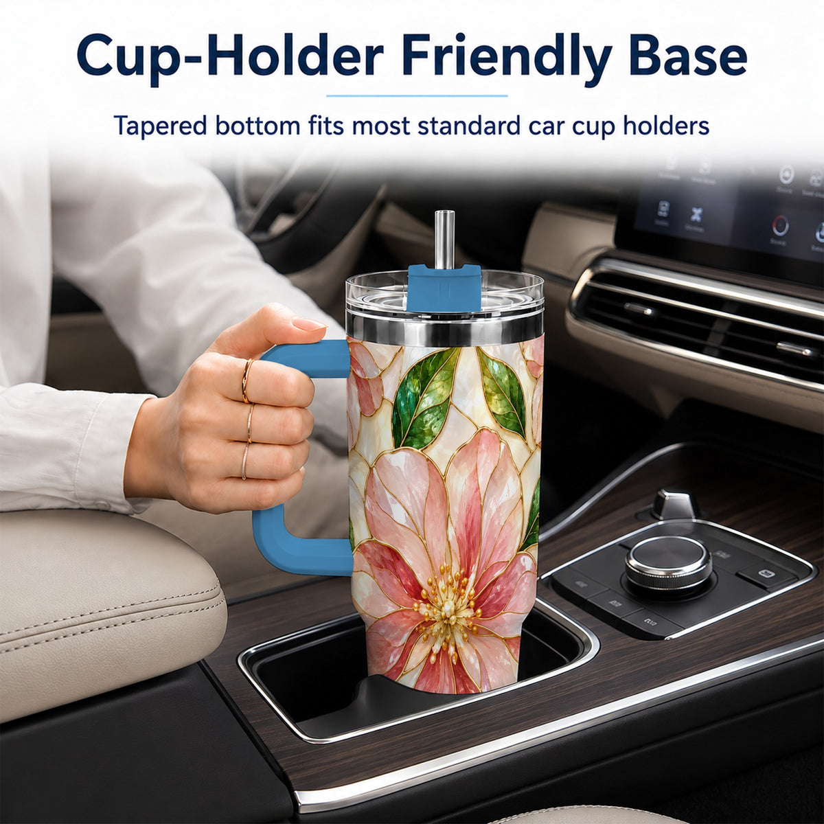 #pl[40oz|Blue] Floral 40oz Tumbler with Handle, Stained Glass Style Botanical Cup
