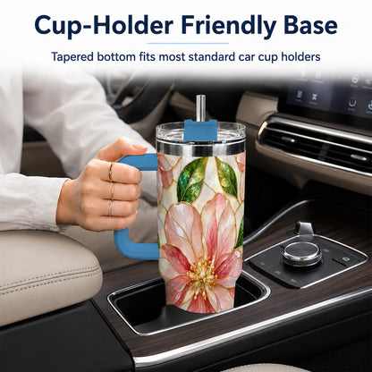 #pl[40oz|Blue] Floral 40oz Tumbler with Handle, Stained Glass Style Botanical Cup