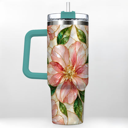 #pl[40oz|Green] Floral 40oz Tumbler with Handle, Stained Glass Style Botanical Cup