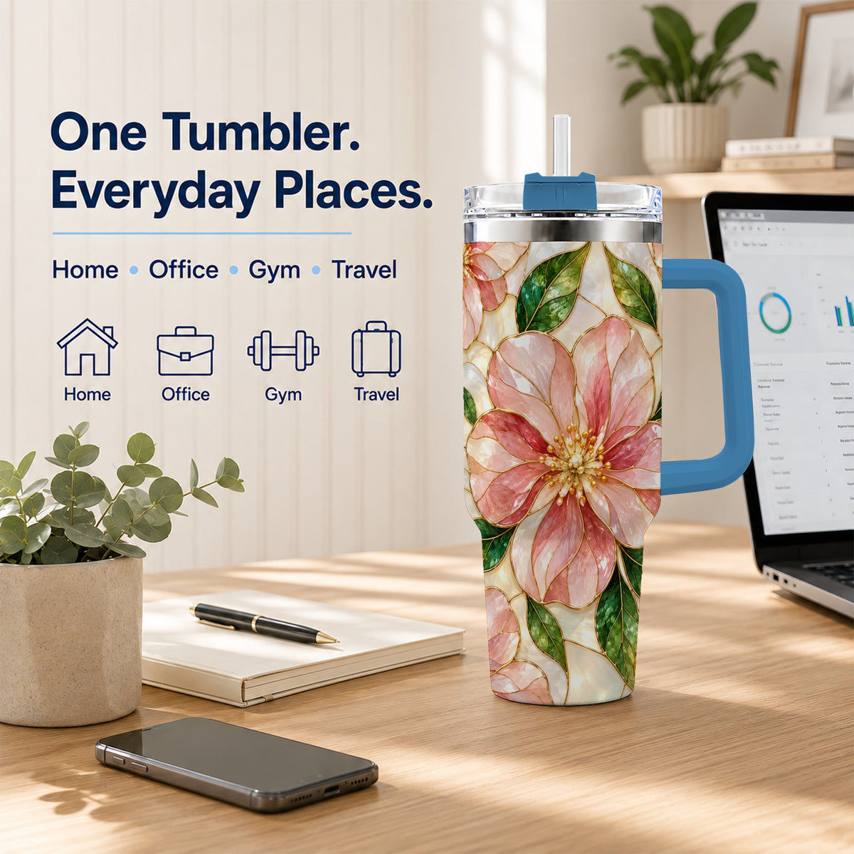 #pl[40oz|Blue] Floral 40oz Tumbler with Handle, Stained Glass Style Botanical Cup