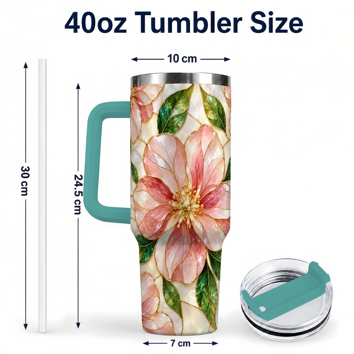 #pl[40oz|Green] Floral 40oz Tumbler with Handle, Stained Glass Style Botanical Cup