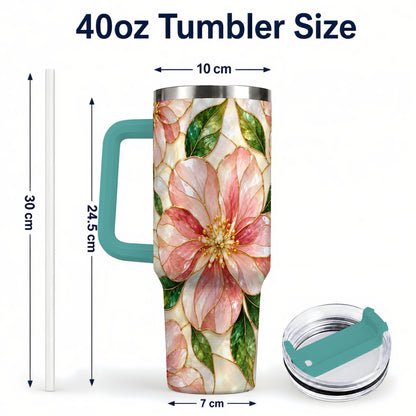#pl[40oz|Green] Floral 40oz Tumbler with Handle, Stained Glass Style Botanical Cup