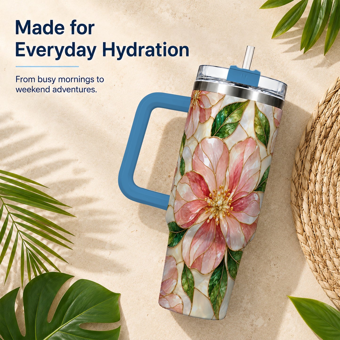#pl[40oz|Blue] Floral 40oz Tumbler with Handle, Stained Glass Style Botanical Cup