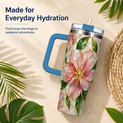 #pl[40oz|Blue] Floral 40oz Tumbler with Handle, Stained Glass Style Botanical Cup