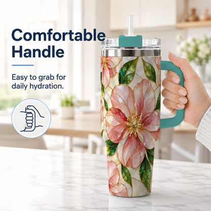 #pl[40oz|Green] Floral 40oz Tumbler with Handle, Stained Glass Style Botanical Cup