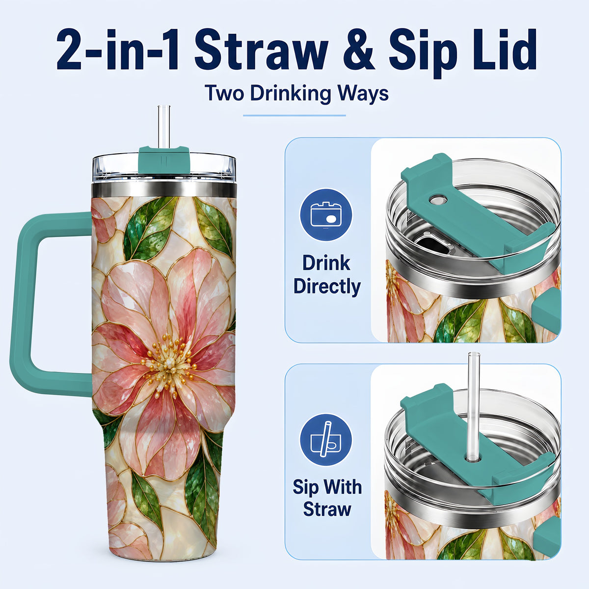 #pl[40oz|Green] Floral 40oz Tumbler with Handle, Stained Glass Style Botanical Cup