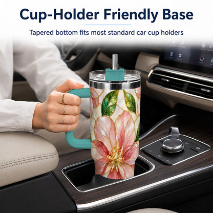 #pl[40oz|Green] Floral 40oz Tumbler with Handle, Stained Glass Style Botanical Cup
