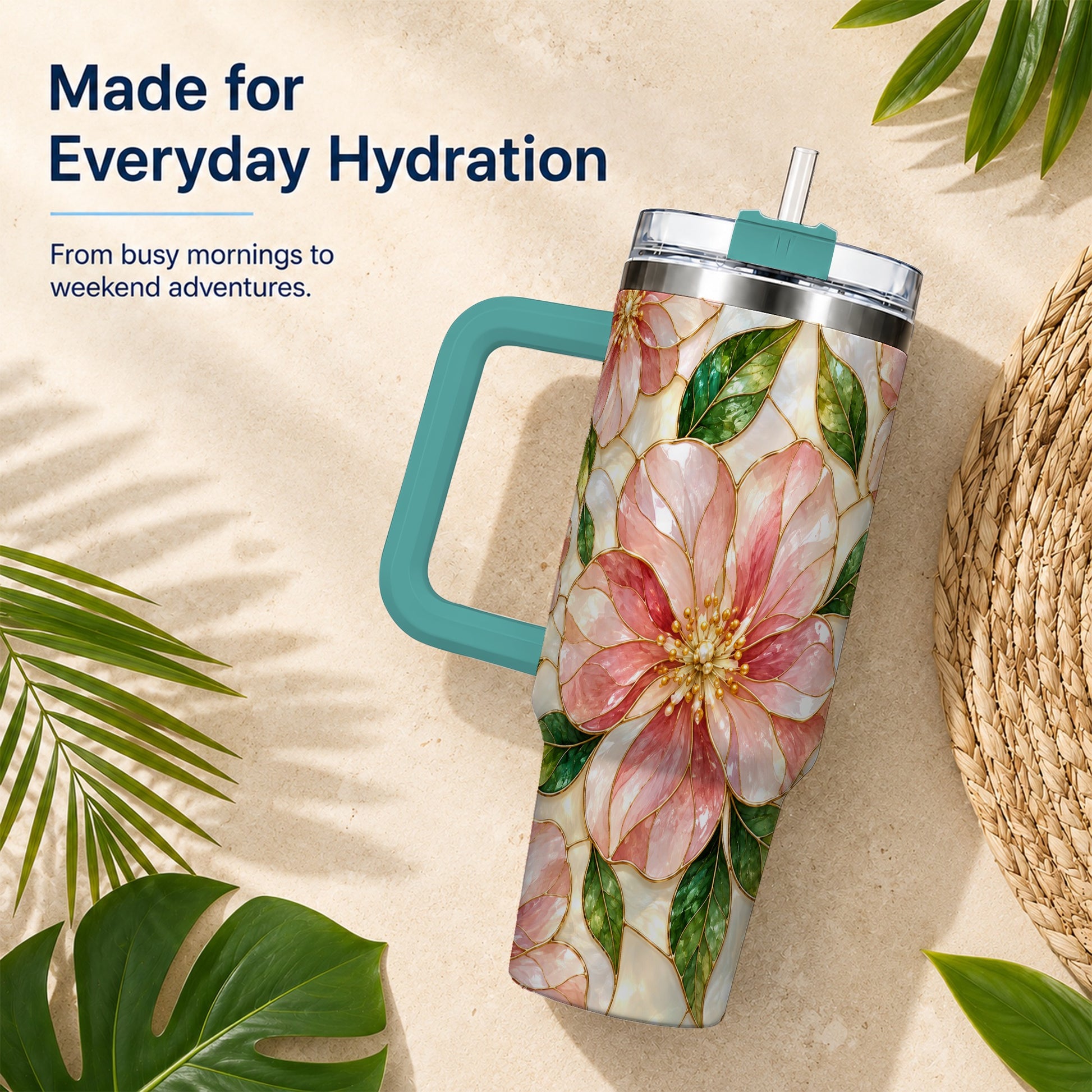 #pl[40oz|Green] Floral 40oz Tumbler with Handle, Stained Glass Style Botanical Cup