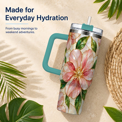 #pl[40oz|Green] Floral 40oz Tumbler with Handle, Stained Glass Style Botanical Cup