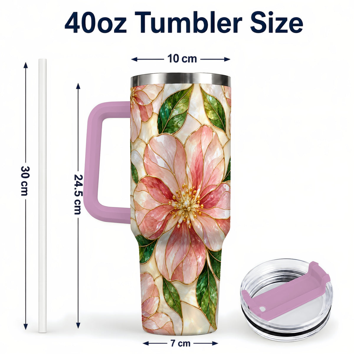 #pl[40oz|Pink] Floral 40oz Tumbler with Handle, Stained Glass Style Botanical Cup