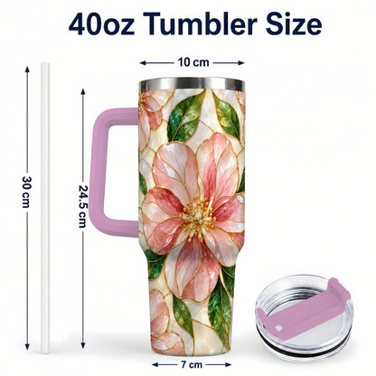 #pl[40oz|Pink] Floral 40oz Tumbler with Handle, Stained Glass Style Botanical Cup