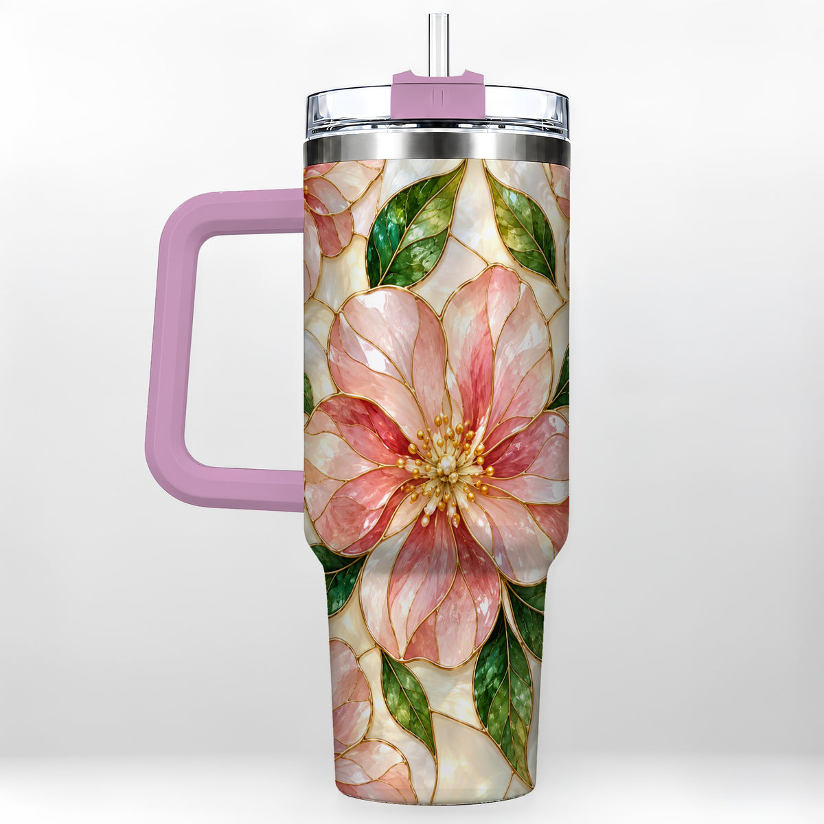 #pl[40oz|Pink] Floral 40oz Tumbler with Handle, Stained Glass Style Botanical Cup