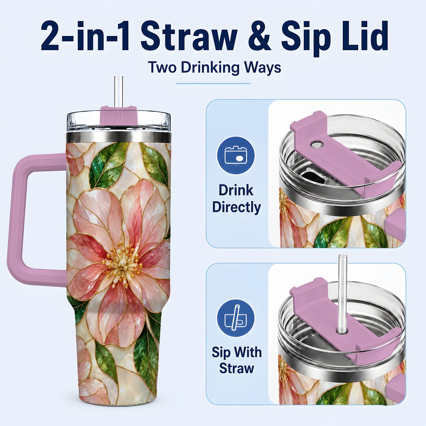 #pl[40oz|Pink] Floral 40oz Tumbler with Handle, Stained Glass Style Botanical Cup