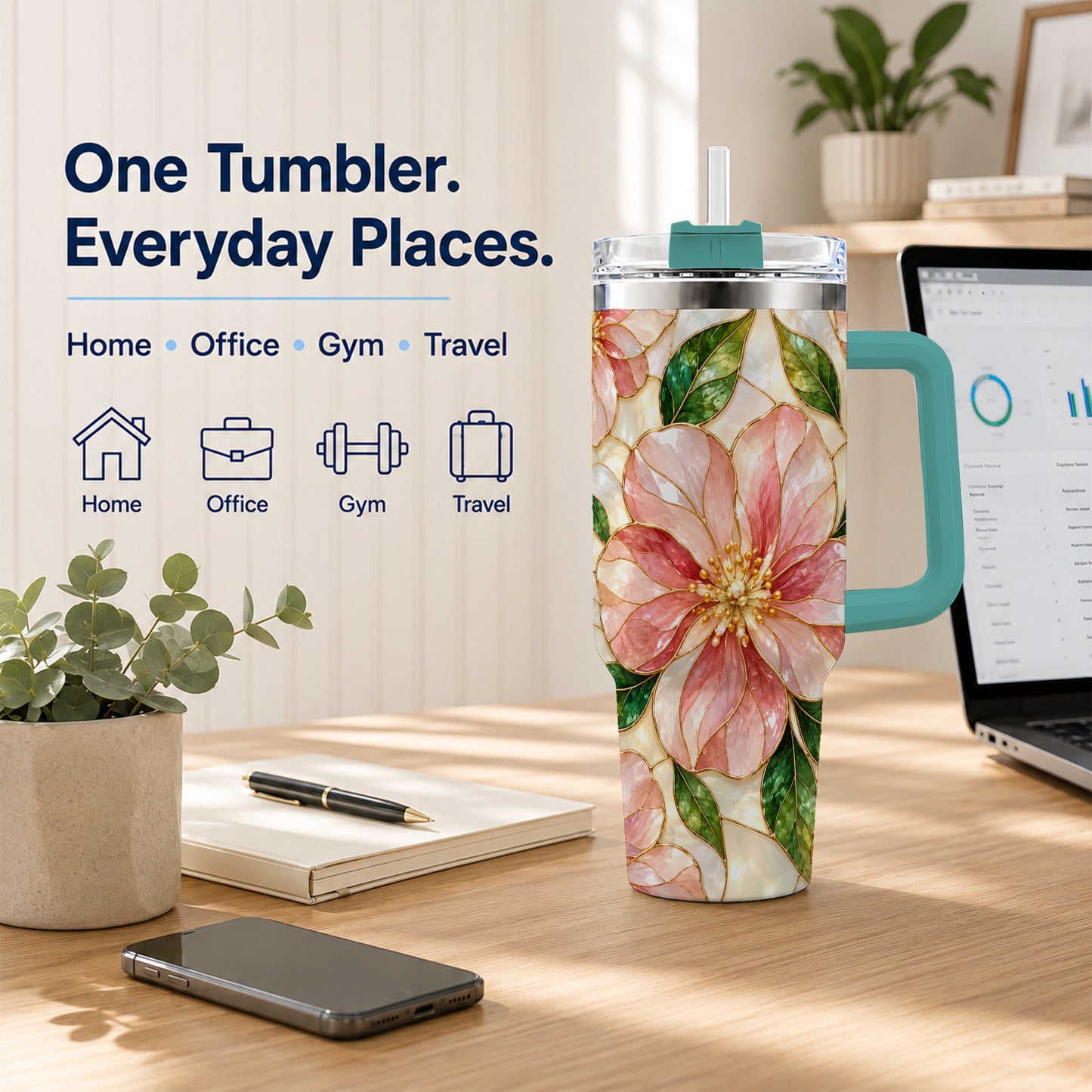#pl[40oz|Green] Floral 40oz Tumbler with Handle, Stained Glass Style Botanical Cup