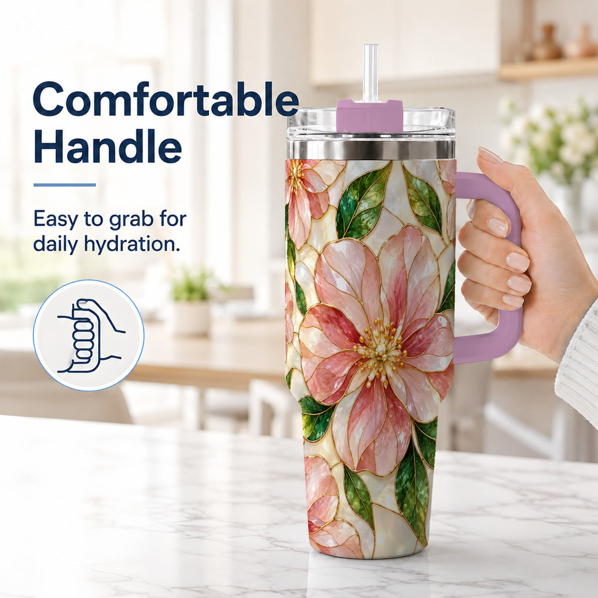 #pl[40oz|Pink] Floral 40oz Tumbler with Handle, Stained Glass Style Botanical Cup