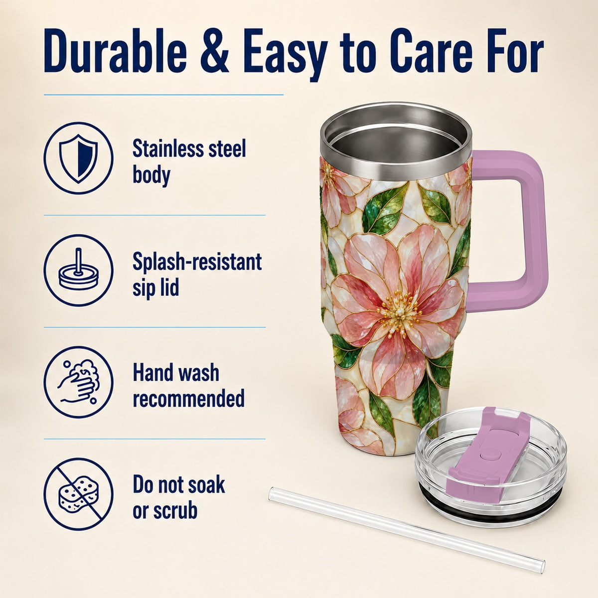 #pl[40oz|Pink] Floral 40oz Tumbler with Handle, Stained Glass Style Botanical Cup