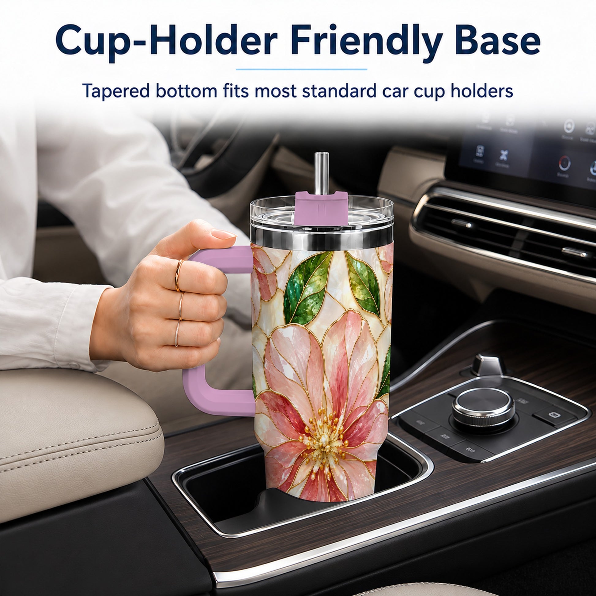 #pl[40oz|Pink] Floral 40oz Tumbler with Handle, Stained Glass Style Botanical Cup