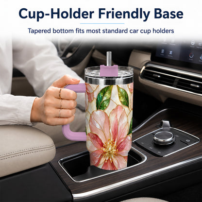 #pl[40oz|Pink] Floral 40oz Tumbler with Handle, Stained Glass Style Botanical Cup