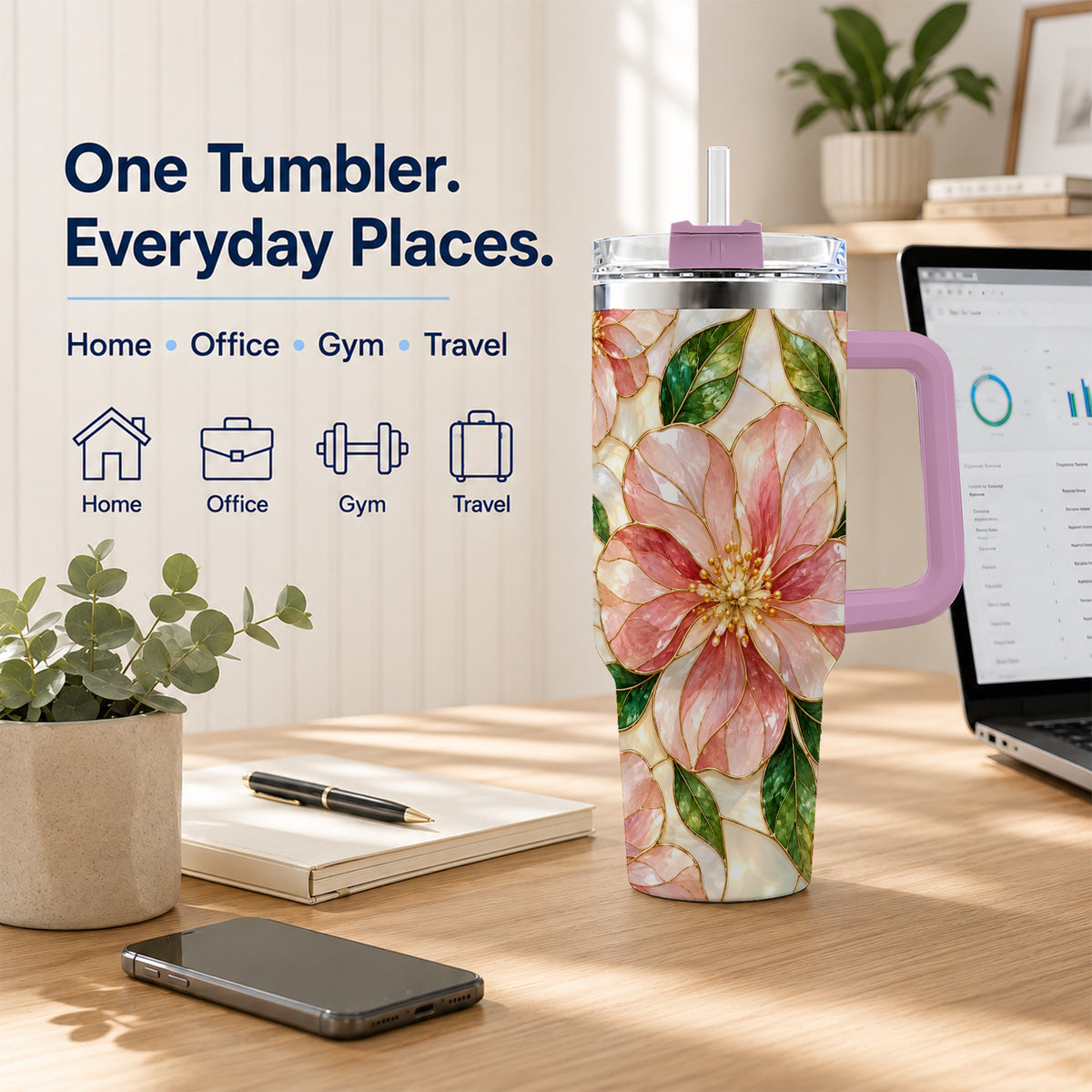 #pl[40oz|Pink] Floral 40oz Tumbler with Handle, Stained Glass Style Botanical Cup