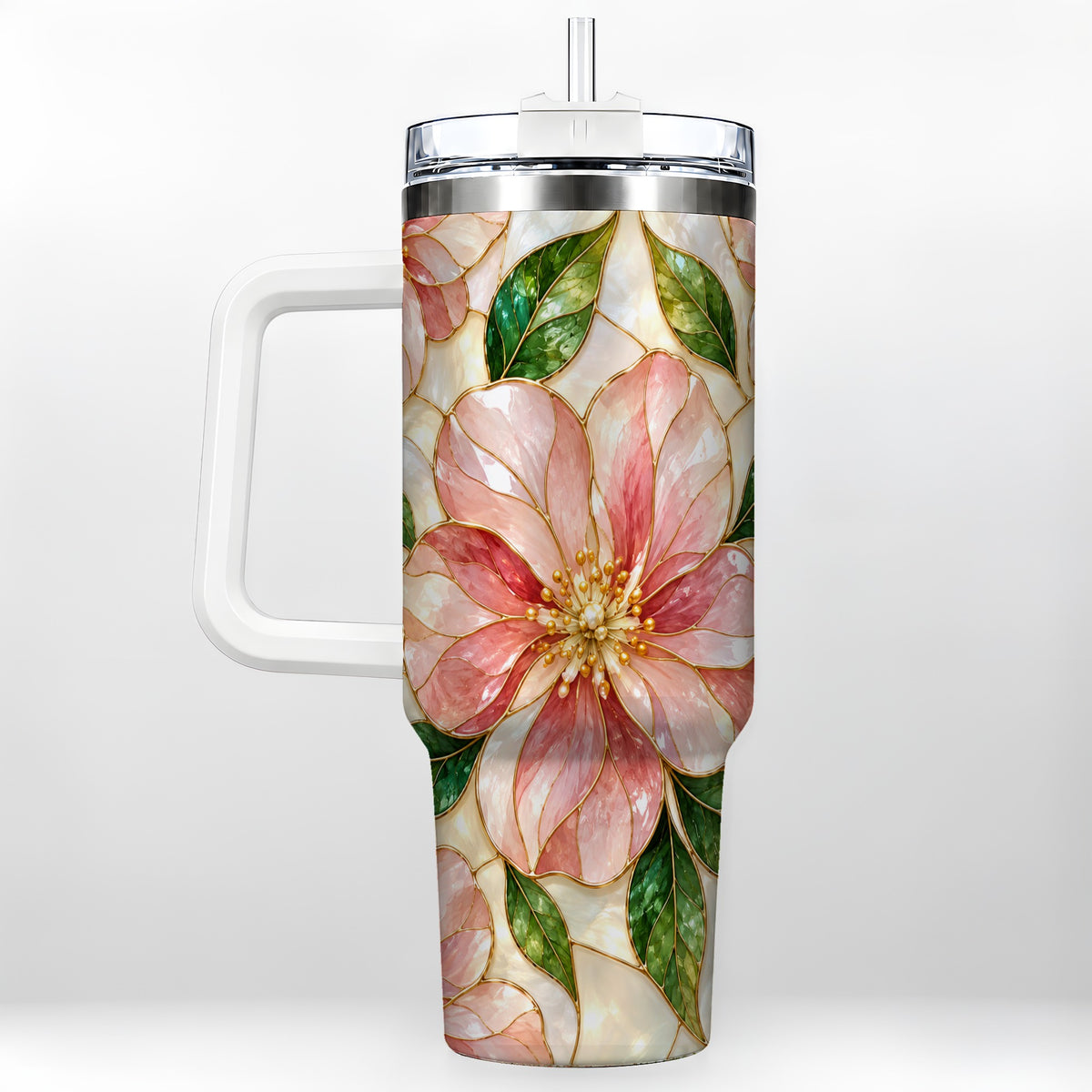Floral 40oz Tumbler with Handle, Stained Glass Style Botanical Cup