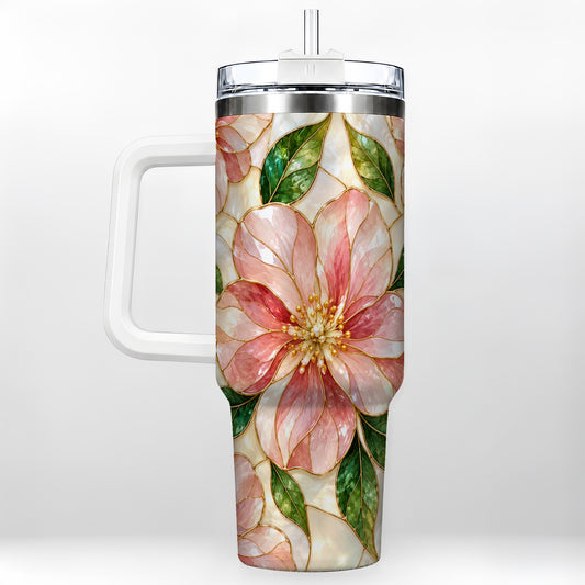Floral 40oz Tumbler with Handle, Stained Glass Style Botanical Cup