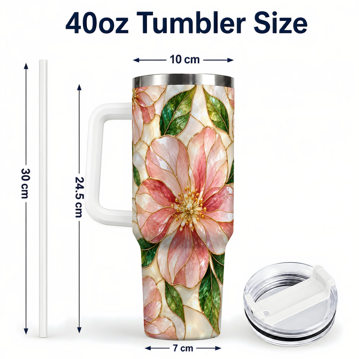 #pl[40oz|White] Floral 40oz Tumbler with Handle, Stained Glass Style Botanical Cup