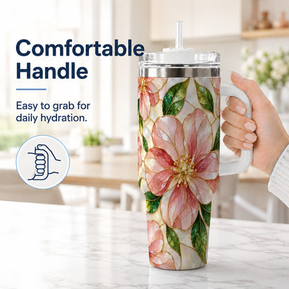 #pl[40oz|White] Floral 40oz Tumbler with Handle, Stained Glass Style Botanical Cup