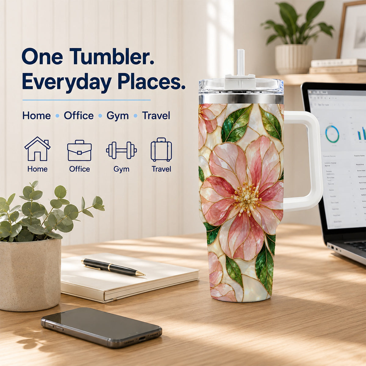 #pl[40oz|White] Floral 40oz Tumbler with Handle, Stained Glass Style Botanical Cup