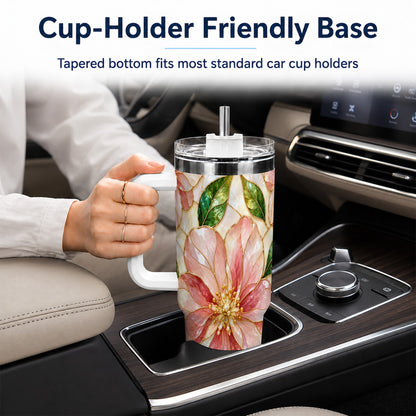 #pl[40oz|White] Floral 40oz Tumbler with Handle, Stained Glass Style Botanical Cup