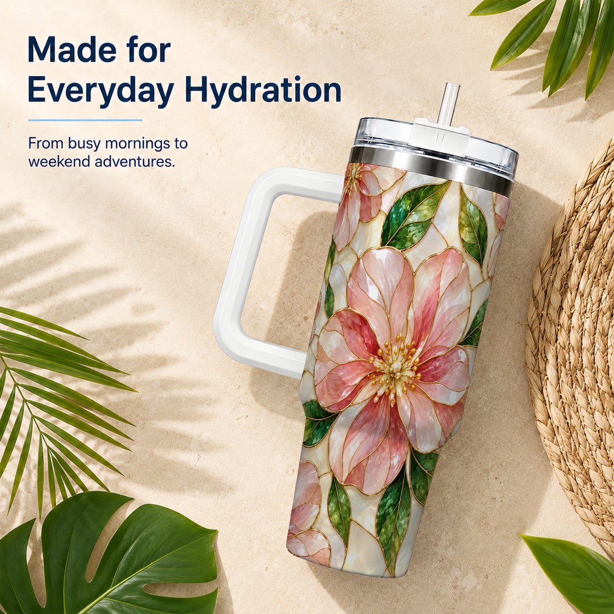 #pl[40oz|White] Floral 40oz Tumbler with Handle, Stained Glass Style Botanical Cup