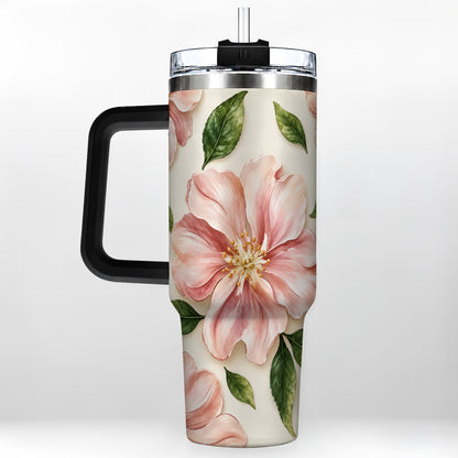 #pl[40oz|Black] Pink Floral 40oz Tumbler, Botanical Tumbler, Stainless Steel Travel Cup