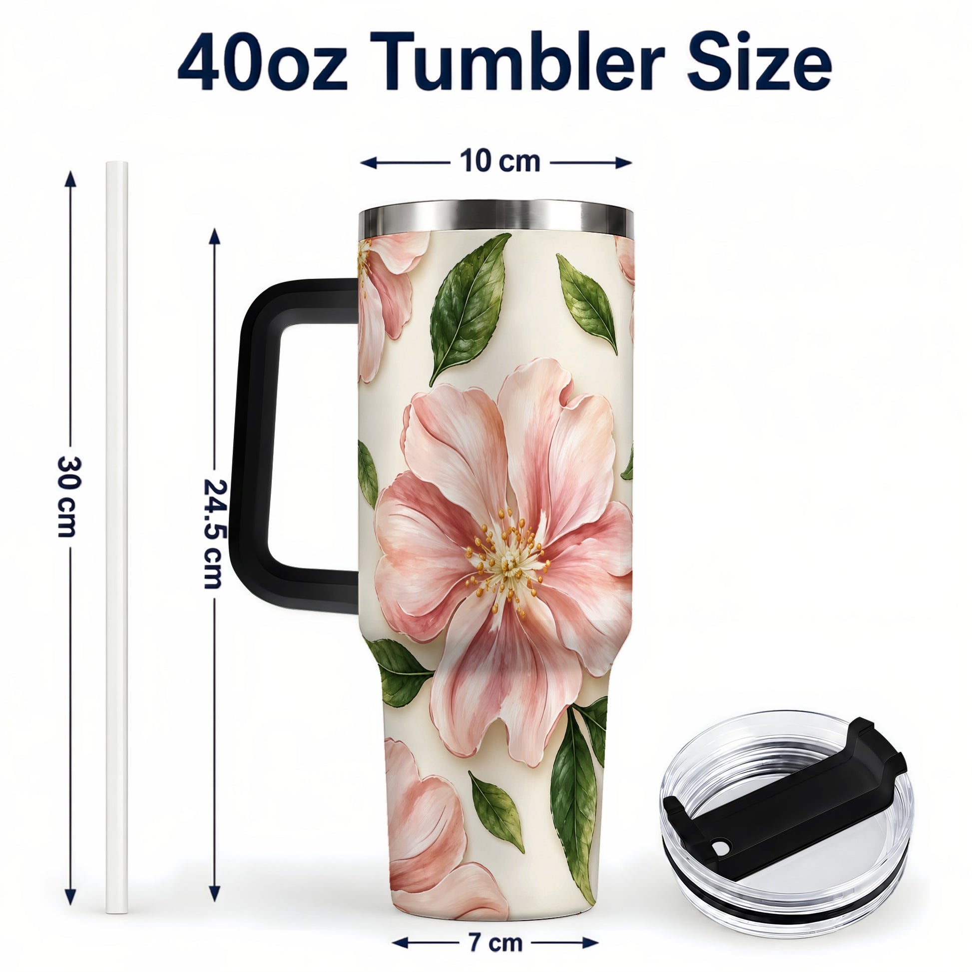 #pl[40oz|Black] Pink Floral 40oz Tumbler, Botanical Tumbler, Stainless Steel Travel Cup