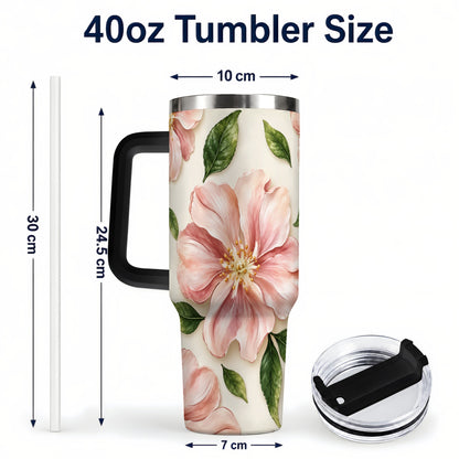 #pl[40oz|Black] Pink Floral 40oz Tumbler, Botanical Tumbler, Stainless Steel Travel Cup