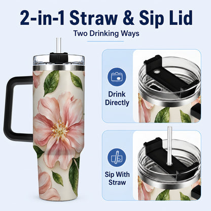 #pl[40oz|Black] Pink Floral 40oz Tumbler, Botanical Tumbler, Stainless Steel Travel Cup