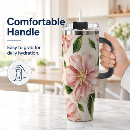 #pl[40oz|Black] Pink Floral 40oz Tumbler, Botanical Tumbler, Stainless Steel Travel Cup