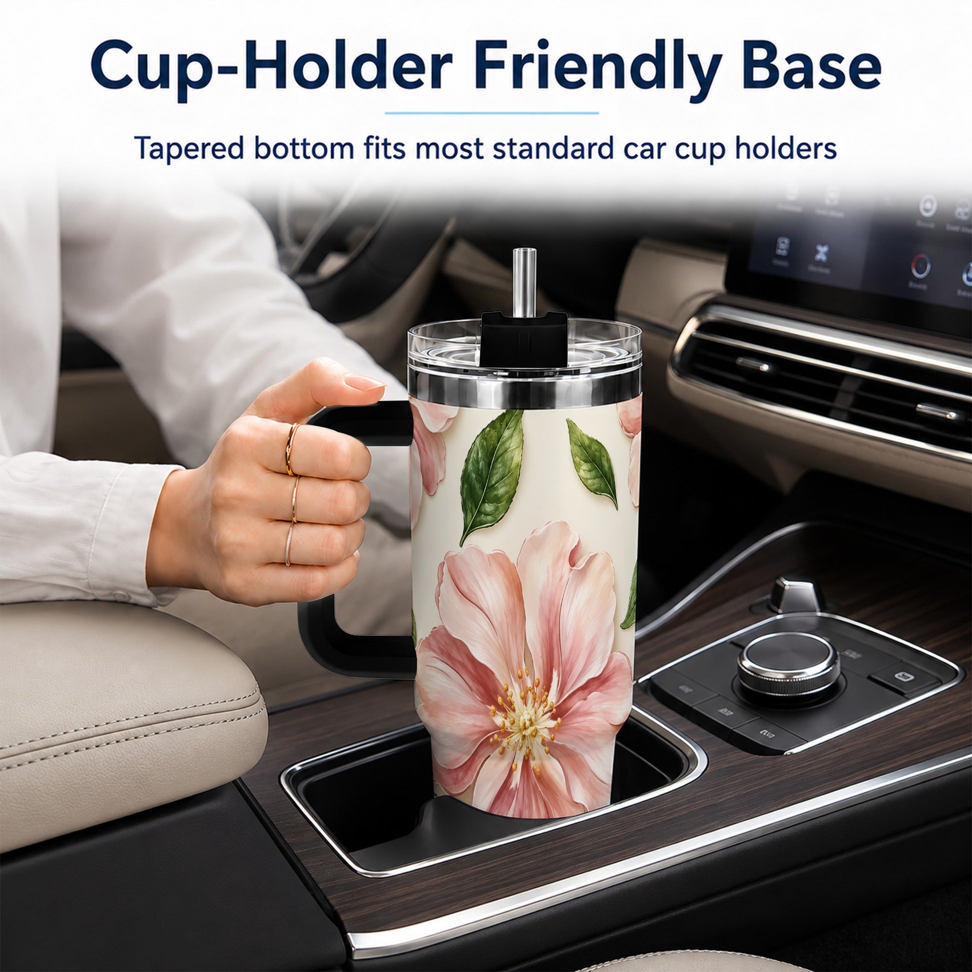 #pl[40oz|Black] Pink Floral 40oz Tumbler, Botanical Tumbler, Stainless Steel Travel Cup