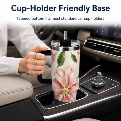 #pl[40oz|Black] Pink Floral 40oz Tumbler, Botanical Tumbler, Stainless Steel Travel Cup