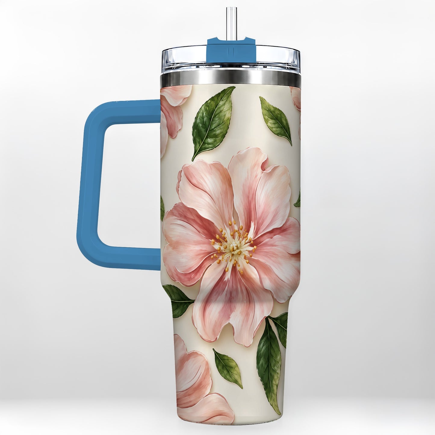 #pl[40oz|Blue] Pink Floral 40oz Tumbler, Botanical Tumbler, Stainless Steel Travel Cup