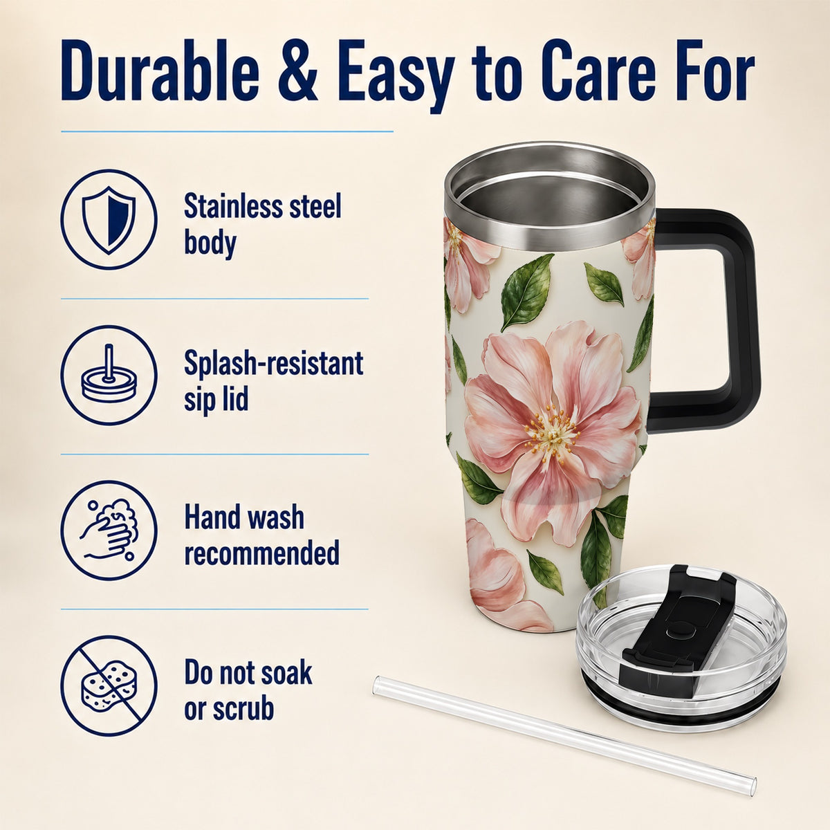 #pl[40oz|Black] Pink Floral 40oz Tumbler, Botanical Tumbler, Stainless Steel Travel Cup