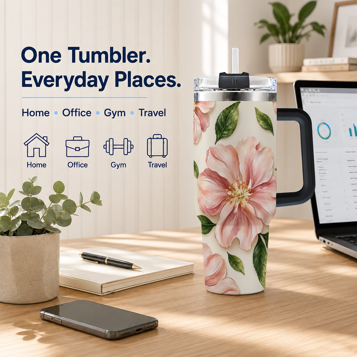 #pl[40oz|Black] Pink Floral 40oz Tumbler, Botanical Tumbler, Stainless Steel Travel Cup