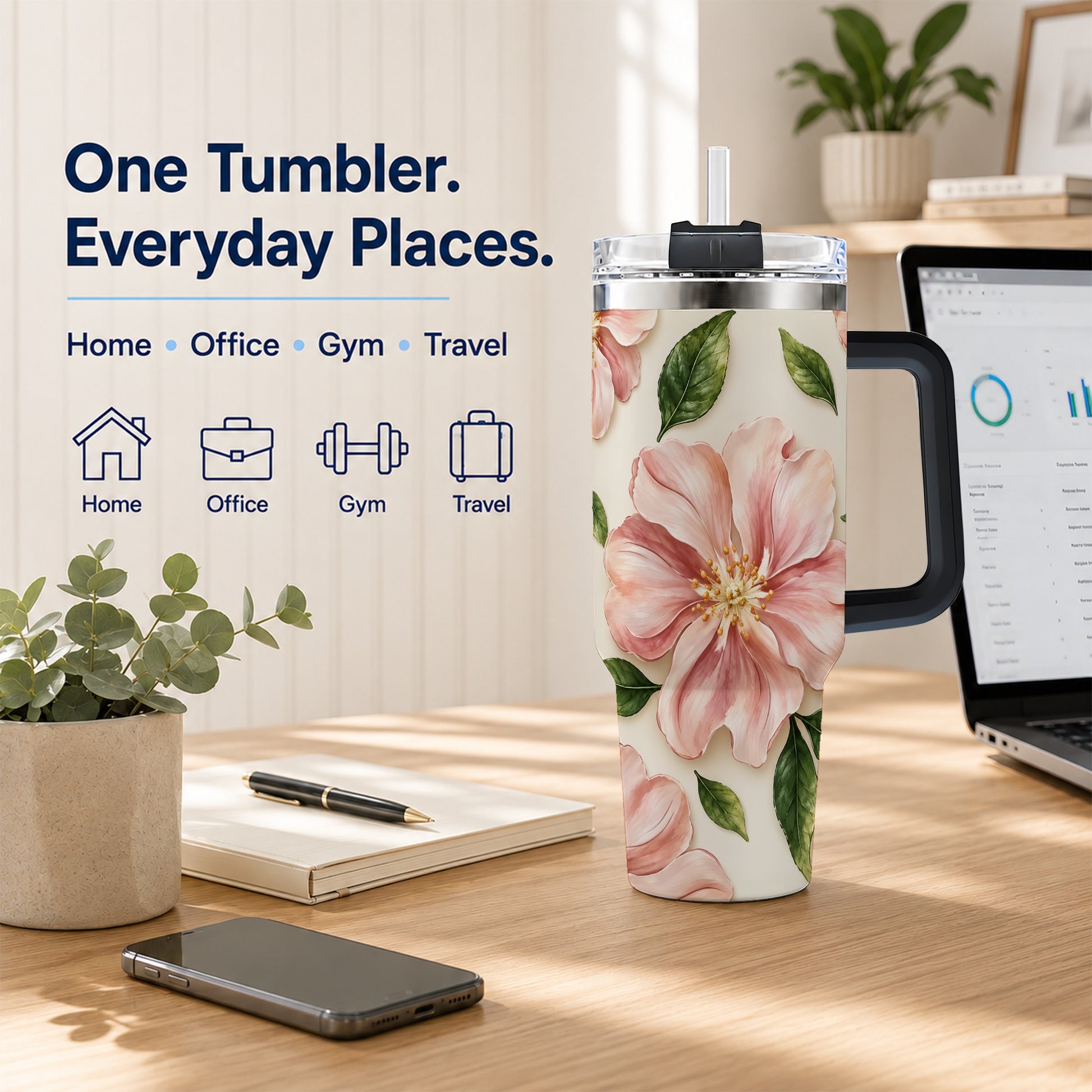 #pl[40oz|Black] Pink Floral 40oz Tumbler, Botanical Tumbler, Stainless Steel Travel Cup