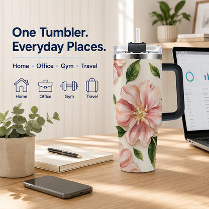 #pl[40oz|Black] Pink Floral 40oz Tumbler, Botanical Tumbler, Stainless Steel Travel Cup