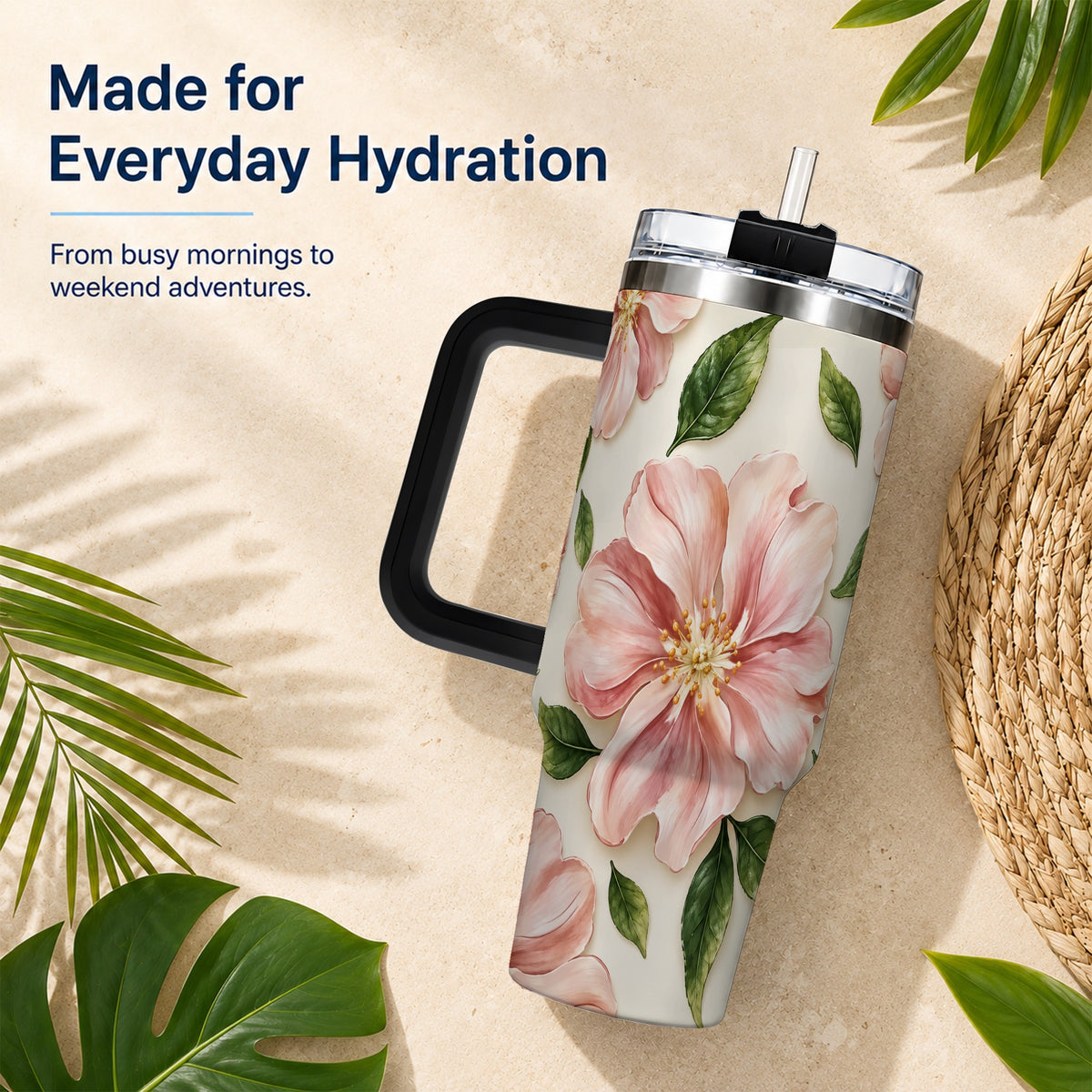 #pl[40oz|Black] Pink Floral 40oz Tumbler, Botanical Tumbler, Stainless Steel Travel Cup
