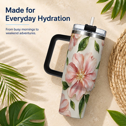 #pl[40oz|Black] Pink Floral 40oz Tumbler, Botanical Tumbler, Stainless Steel Travel Cup
